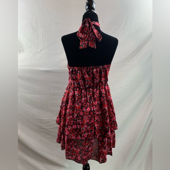 Rose Floral Print Layered Ruffle Hem Belted Halter Dress - Picture 9 of 9